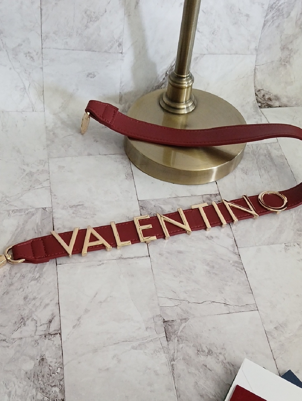 Valentino Red Leather Strap with Gold Logo Letters. Burgundy Shoulder Strap.